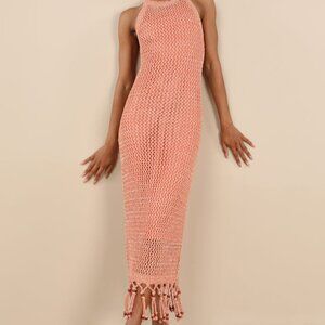 Lulus Marama Shiny Coral Crochet Sleeveless Fringe Midi Dress Orange - Size L
